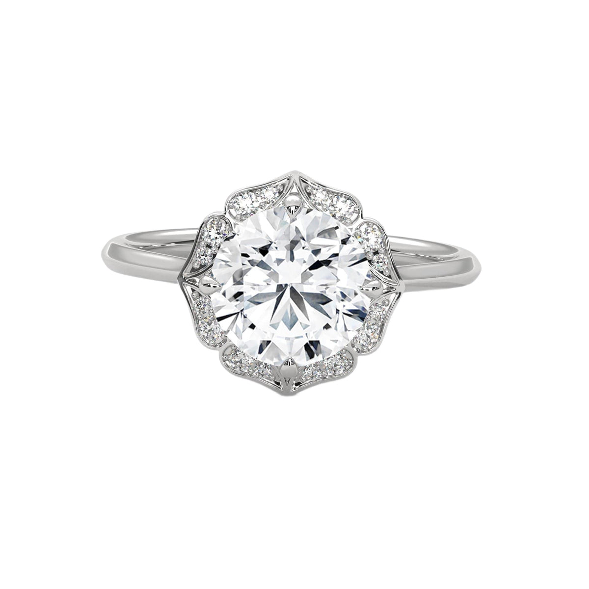 White gold round halo engagement ring with prong-set center stone, 3/4 view.