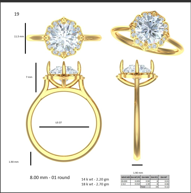 Yellow gold engagement ring style diagram with round halo and size measurements.
