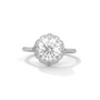 Round diamond halo ring with large center stone, white gold band and side diamonds