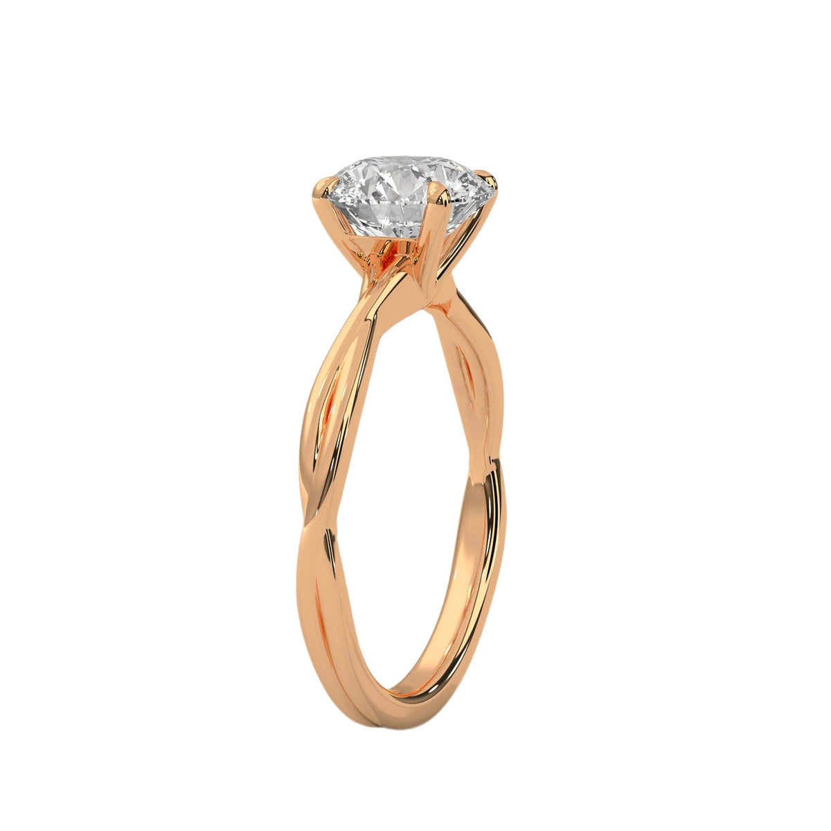 Twisted solitaire diamond ring, yellow gold band with round center diamond