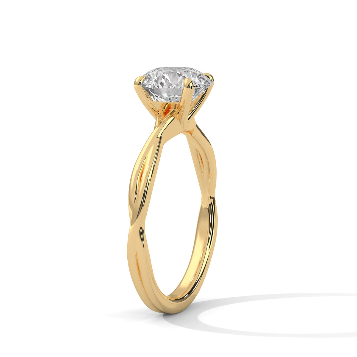 Twisted solitaire diamond ring, yellow gold band with round prong-set diamond