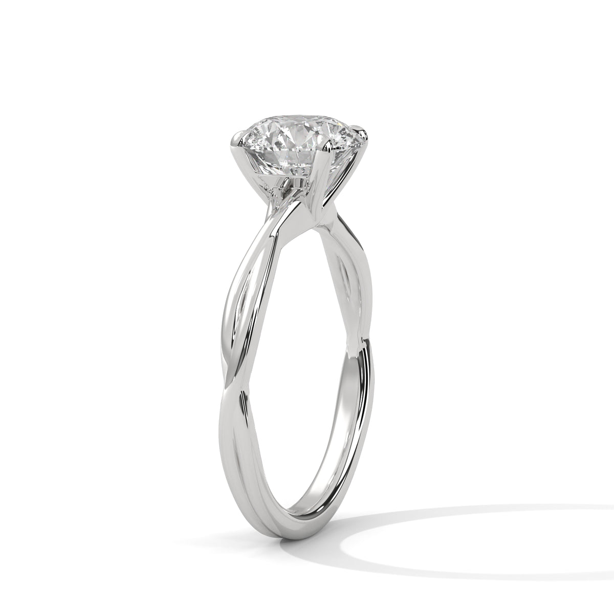 Twisted solitaire diamond ring, white gold band with round prong-set diamond