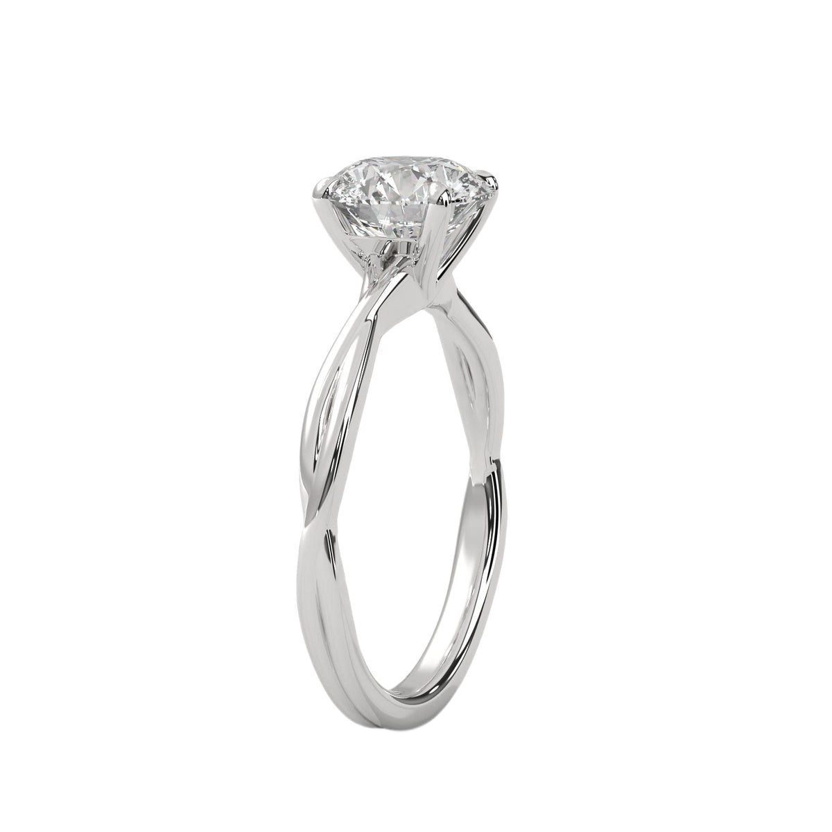 Twisted solitaire diamond ring, white gold band with round prong-set diamond