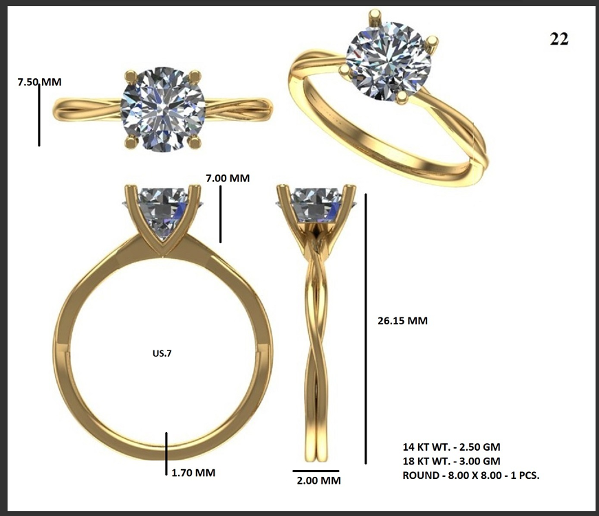 Gold solitaire ring size and detail diagram with diamond setting and band measurements