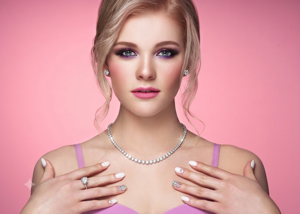 Woman wearing a diamond necklace, earrings, and ring against a pink background